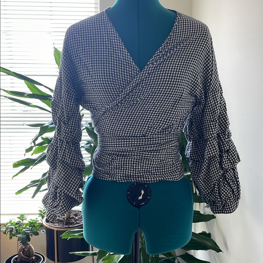 Gingham black & white wrap shirt.